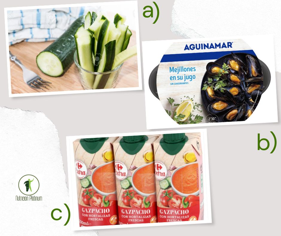 Palitos de pepino con mejillones y 1 tetrabrik mini de gazpacho.